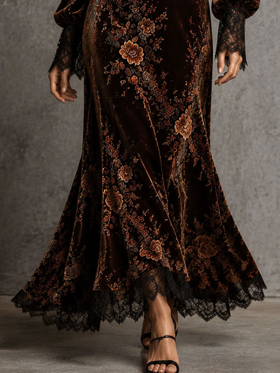 Vintage Velvet Floral Lace V Neck Puff Sleeve Evening Dress