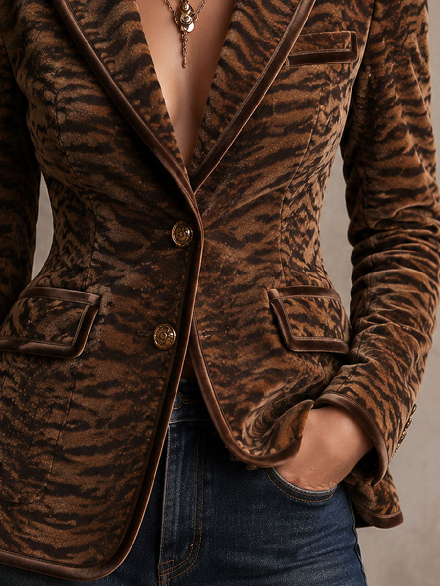 Vintage Animal Print Velvet Piping Fitted Blazer