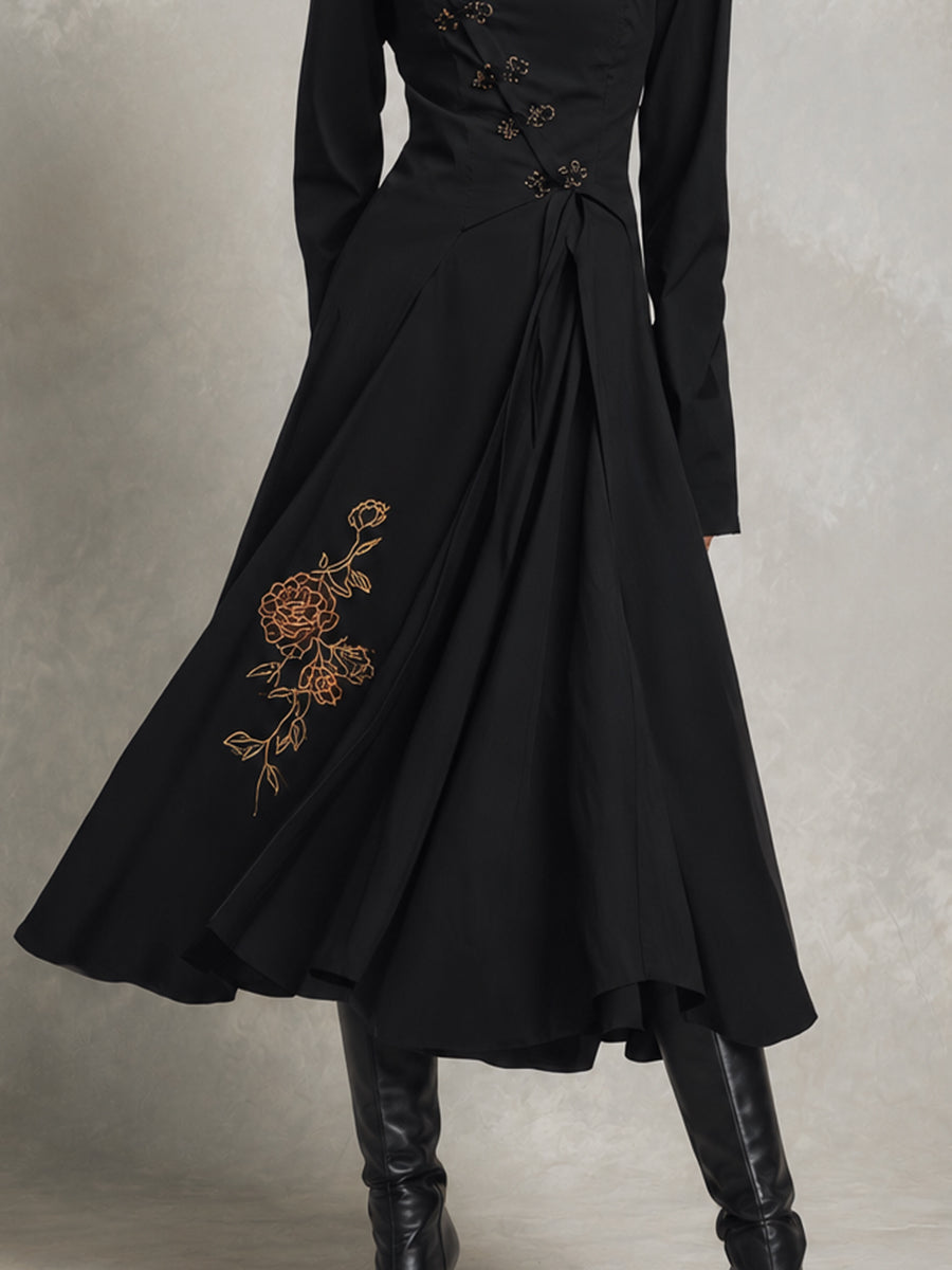 Black Mandarin Collar Embroidered Midi Dress