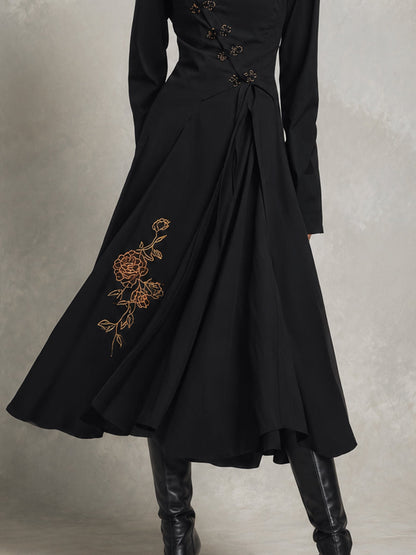 Black Mandarin Collar Embroidered Midi Dress