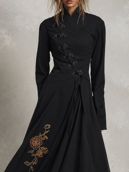 Black Mandarin Collar Embroidered Midi Dress
