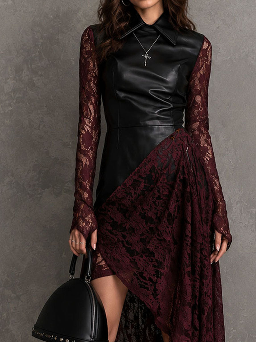 Gothic Faux Leather Lace Long Sleeve Irregular Hem Midi Dress