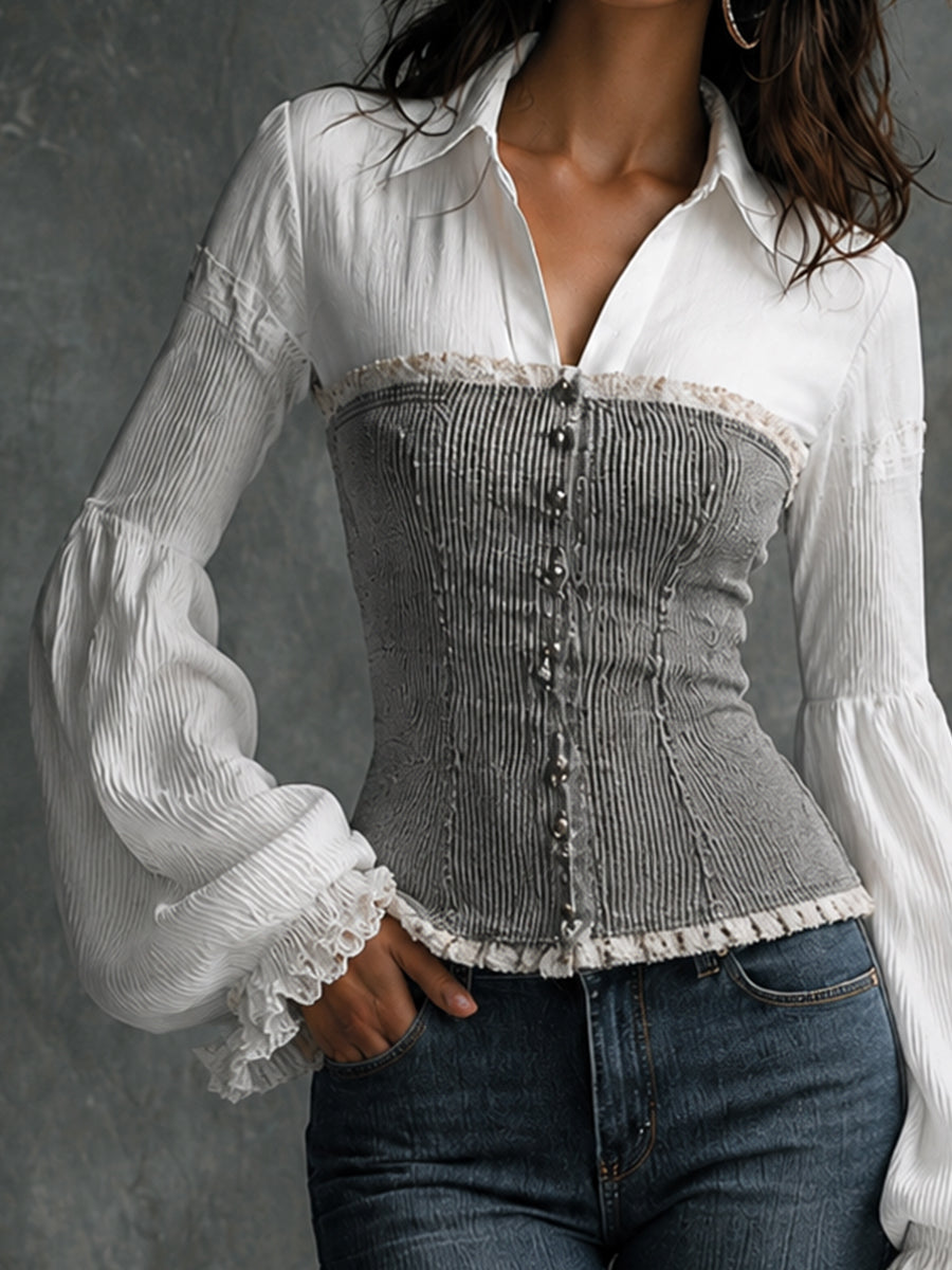 Faux Two-Piece Shirt And Ribbed Corset Top