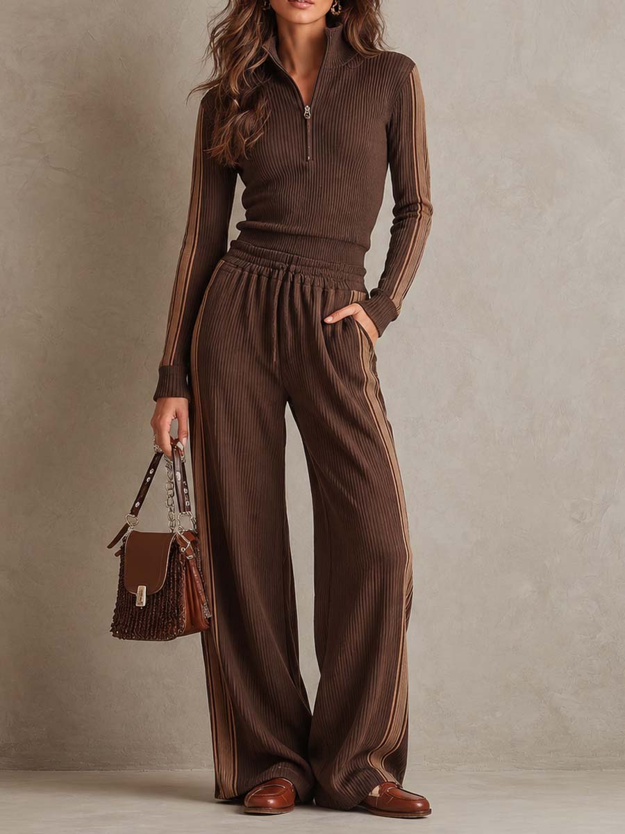 Vintage Ribbed Half-Zip Long Sleeve Top and Wide Leg Pants Knit Two-Piece Set