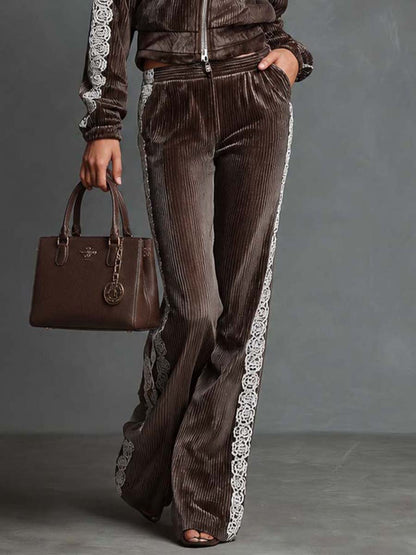 Vintage Vertical Striped Velvet Tracksuit Set Stand Collar Zip Crop Jacket Lace Side Wide Flare Pants Casual Two Piece Outfit
