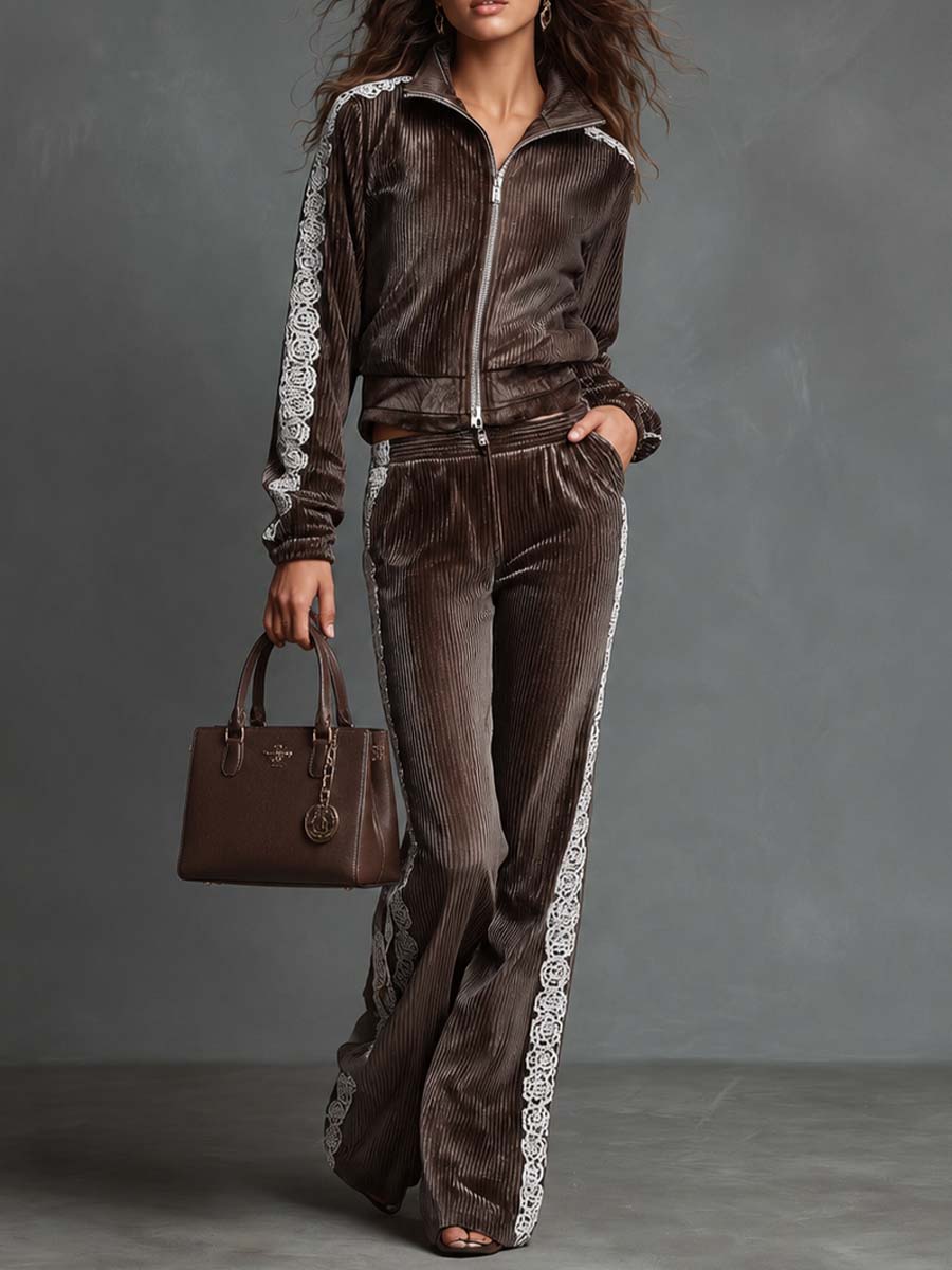 Vintage Vertical Striped Velvet Tracksuit Set Stand Collar Zip Crop Jacket Lace Side Wide Flare Pants Casual Two Piece Outfit