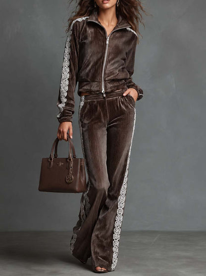 Vintage Vertical Striped Velvet Tracksuit Set Stand Collar Zip Crop Jacket Lace Side Wide Flare Pants Casual Two Piece Outfit