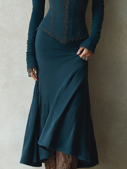 Boho Sweetheart Neckline Corset Lace-Trim Fishtail Midi Dress