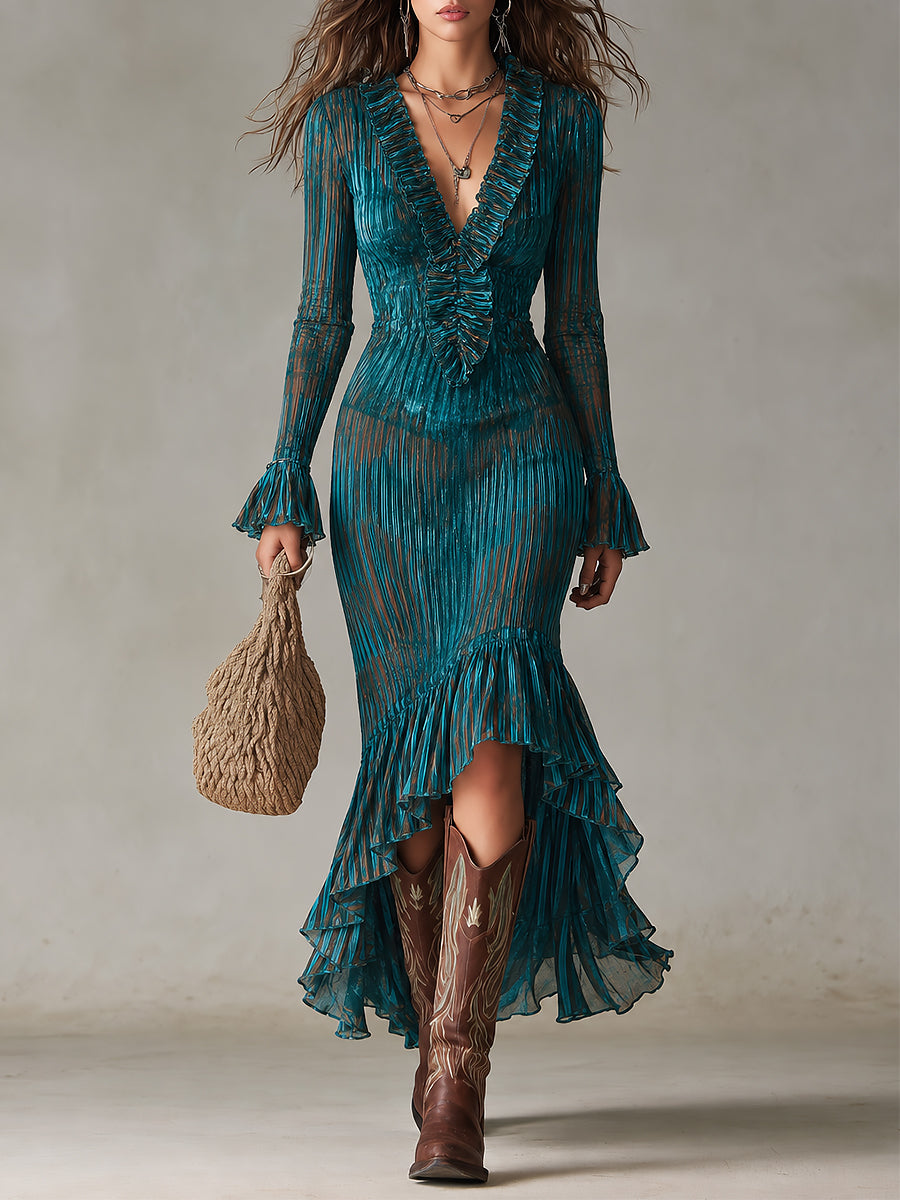 Boho Teal Stripe Print Pleated High-Low Ruffle Maxi Dress