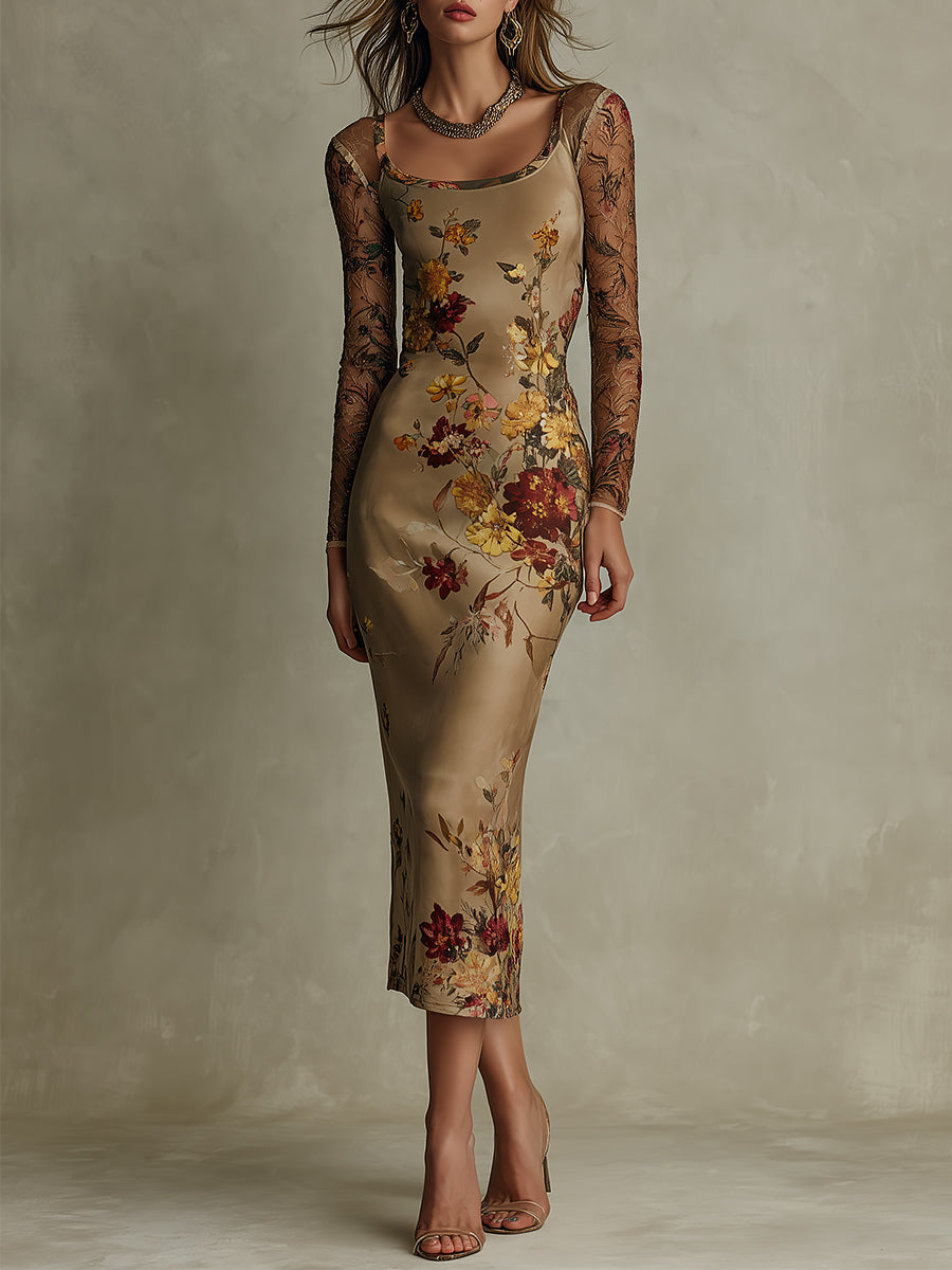 Vintage Floral Satin & Sheer Lace-Sleeve Midi Dress
