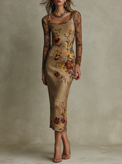 Vintage Floral Satin & Sheer Lace-Sleeve Midi Dress
