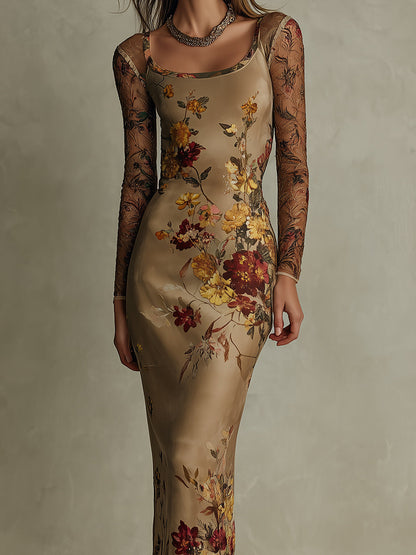 Vintage Floral Satin & Sheer Lace-Sleeve Midi Dress