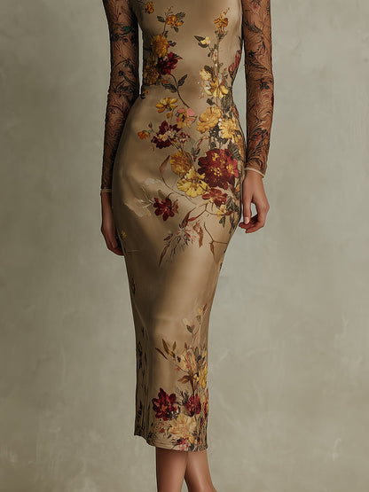 Vintage Floral Satin & Sheer Lace-Sleeve Midi Dress