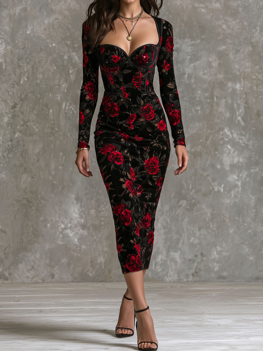 Vintage Floral Velvet Bustier Long Sleeve Midi Dress