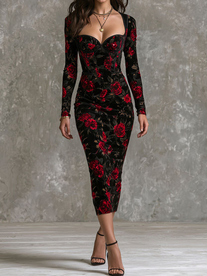 Vintage Floral Velvet Bustier Long Sleeve Midi Dress