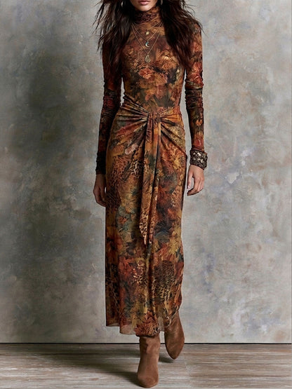 Vintage Fall Floral Leopard Knotted Waist High Neck Maxi Dress
