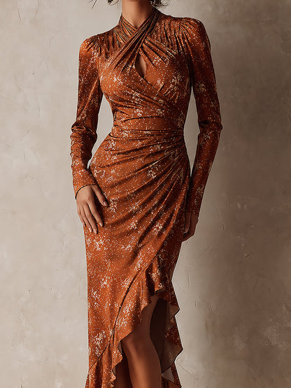 Bohemian Copper Foil Ruched Keyhole Ruffle Midi Dress