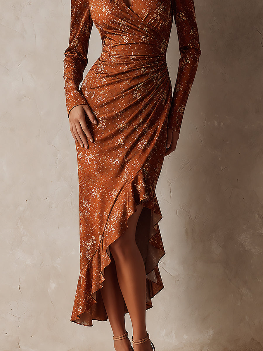 Bohemian Copper Foil Ruched Keyhole Ruffle Midi Dress