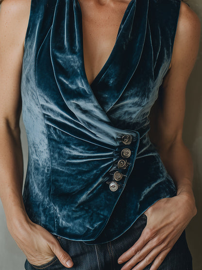 Luxe Teal Velvet Wrap-Front Buttoned Vest