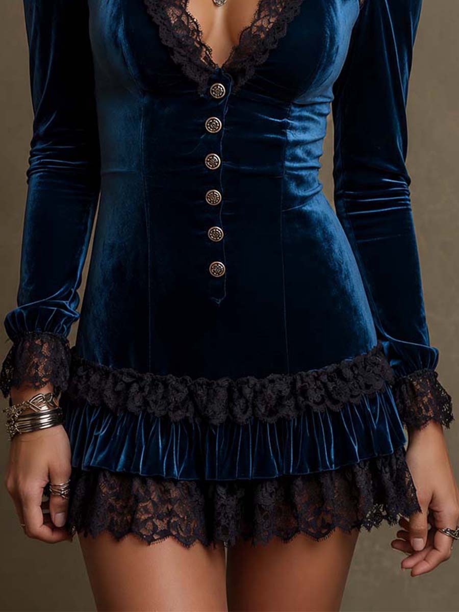 Gothic Navy Velvet Black Lace Yoke & Cuff Ruffle Hem Stand Collar Front Button Bodycon Mini Dress