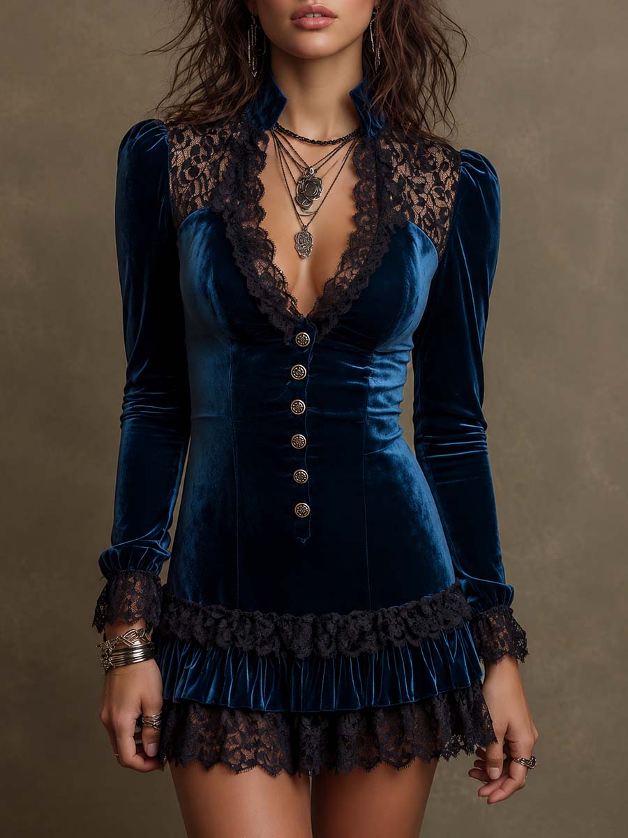 Gothic Navy Velvet Black Lace Yoke & Cuff Ruffle Hem Stand Collar Front Button Bodycon Mini Dress