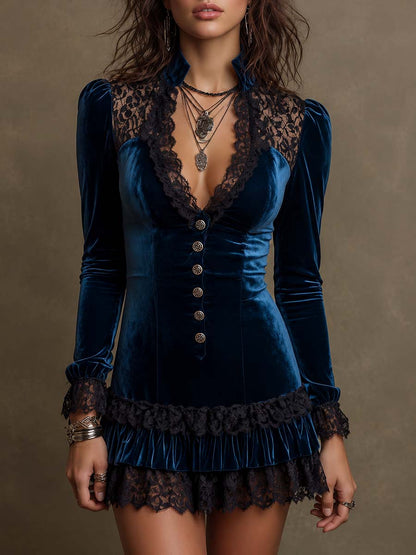 Gothic Navy Velvet Black Lace Yoke & Cuff Ruffle Hem Stand Collar Front Button Bodycon Mini Dress