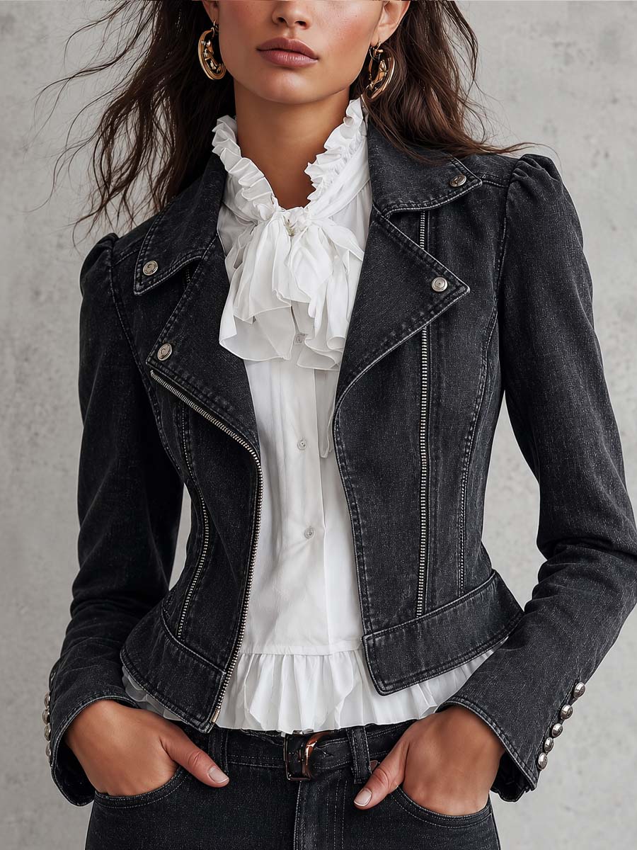 Retro Motorcycle Style Lapel And Asymmetric Zipper Denim Jacket