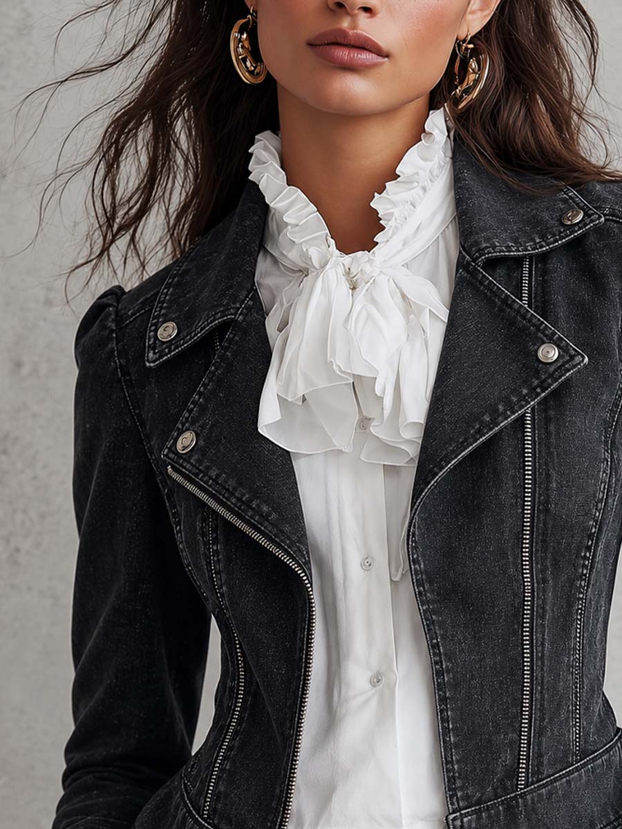 Retro Motorcycle Style Lapel And Asymmetric Zipper Denim Jacket