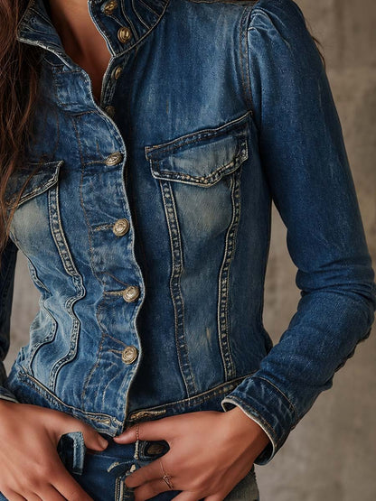 Vintage Stand-collar Distressed Denim Jacket