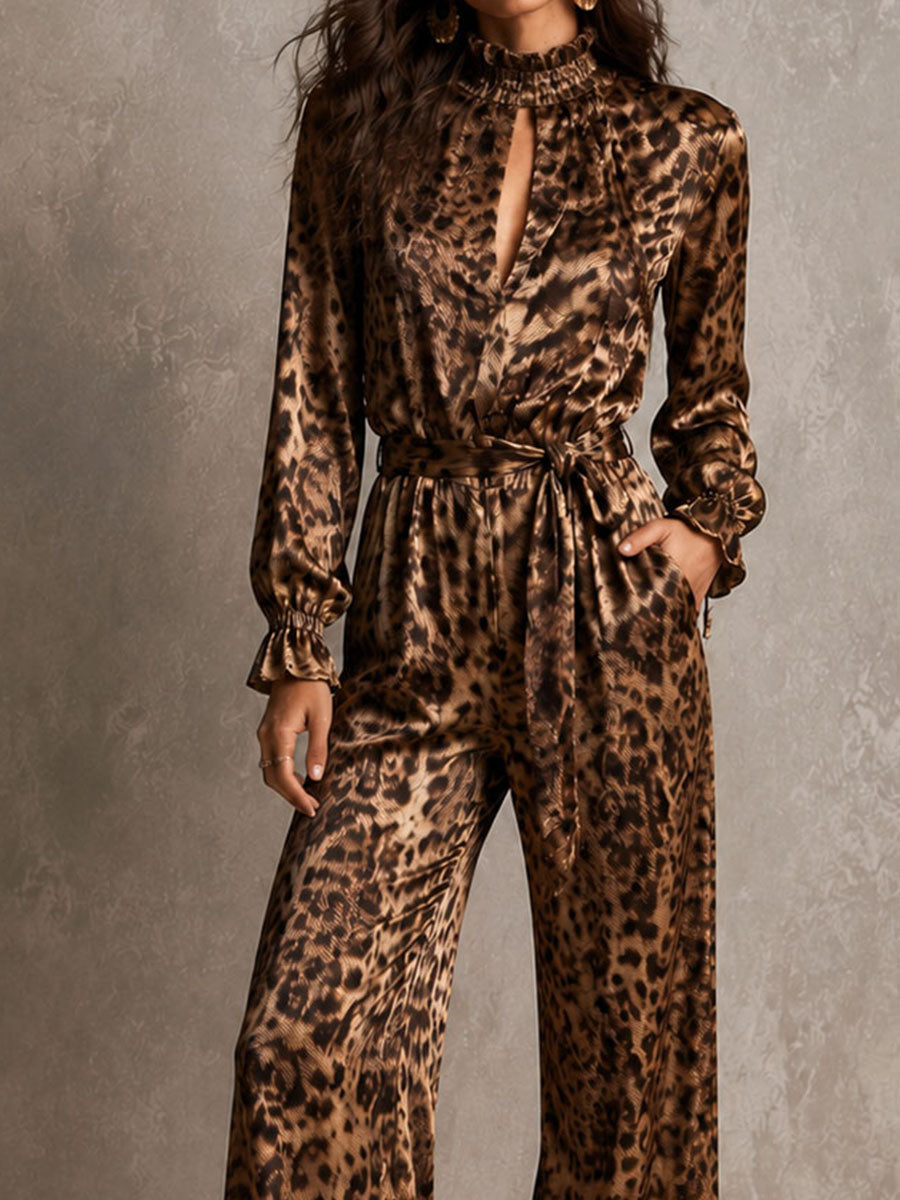 Vintage Leopard Satin Frill Neck Belted Long Sleeve Jumpsuit