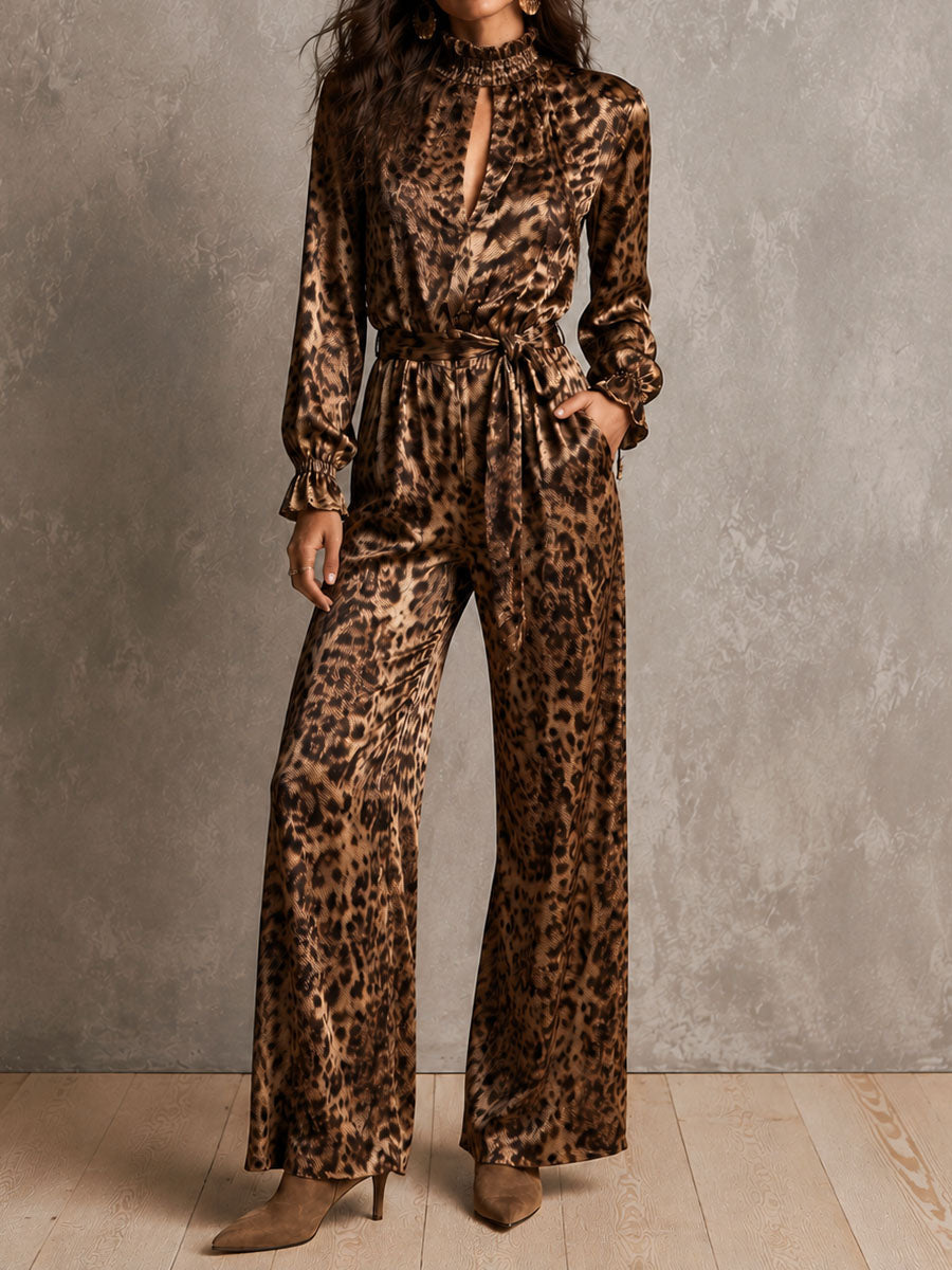 Vintage Leopard Satin Frill Neck Belted Long Sleeve Jumpsuit