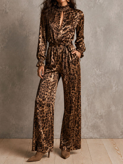 Vintage Leopard Satin Frill Neck Belted Long Sleeve Jumpsuit
