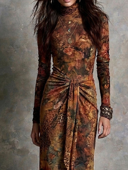 Vintage Fall Floral Leopard Knotted Waist High Neck Maxi Dress