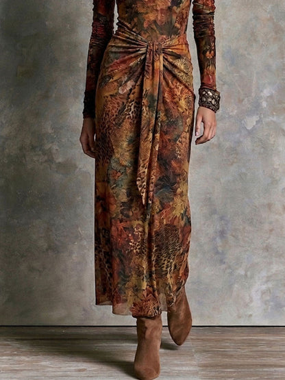 Vintage Fall Floral Leopard Knotted Waist High Neck Maxi Dress