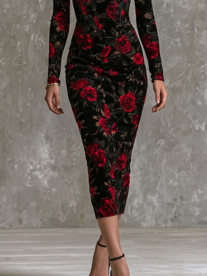 Vintage Floral Velvet Bustier Long Sleeve Midi Dress