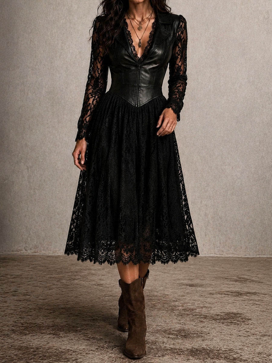 Retro Gothic Spliced Faux Leather Lace Lapel Midi Dress