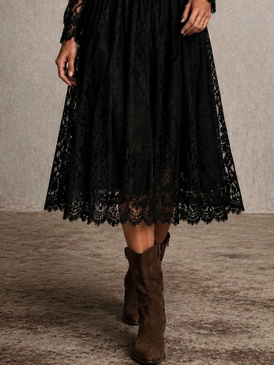 Retro Gothic Spliced Faux Leather Lace Lapel Midi Dress