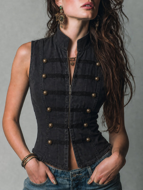 Vintage Military Double-Breasted Washed Black Denim Vest