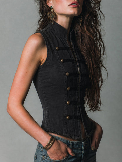 Vintage Military Double-Breasted Washed Black Denim Vest
