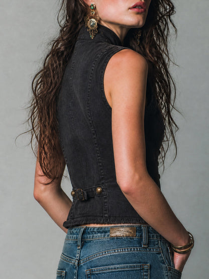 Vintage Military Double-Breasted Washed Black Denim Vest
