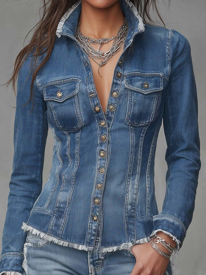 Classic Retro Fitted Frayed-Edge Denim Shirt Jacket with Button Front