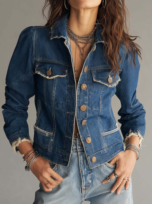 Classic Retro Distressed Frayed Denim Jacket with Vintage Buttons