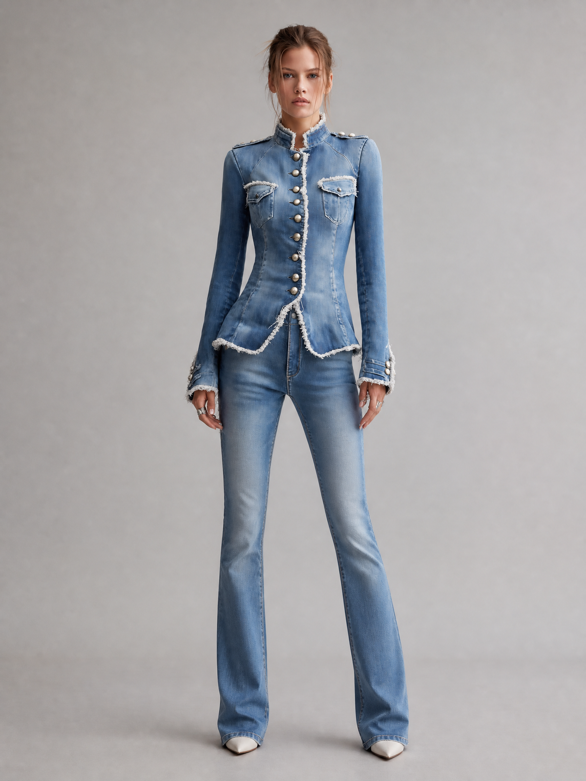 Vintage Slim Fit Military Style Denim Jacket with Frayed Trim and Button Front