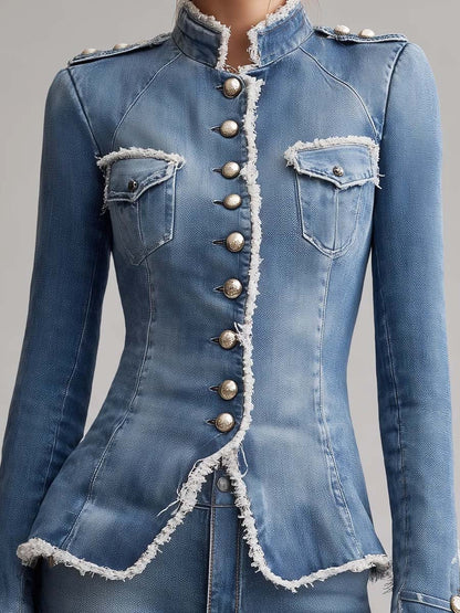 Vintage Slim Fit Military Style Denim Jacket with Frayed Trim and Button Front