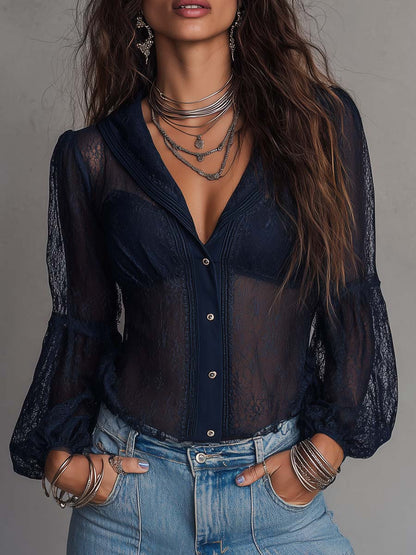 Vintage Collared V Neck Button Front Sheer Lace Long Puff Sleeve Blouse