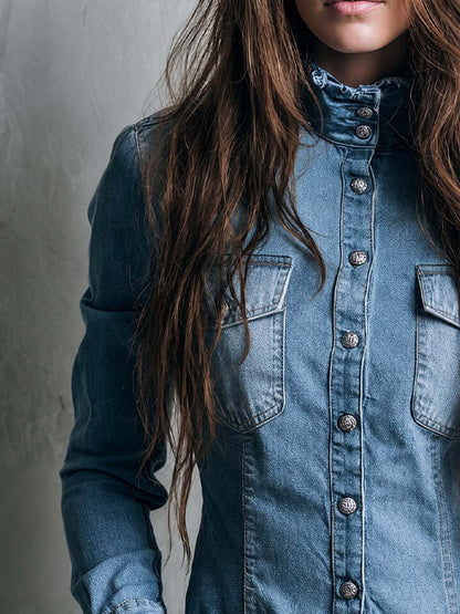 Vintage Stand Collar With Buttons Washed Denim Blouse