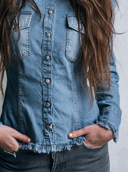 Vintage Stand Collar With Buttons Washed Denim Blouse