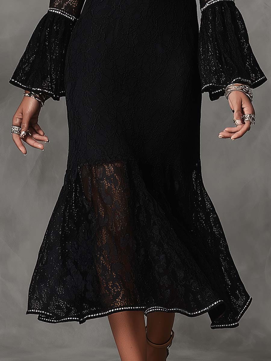 Vintage High Neck Cutout Long Bell Sleeve Silver Rhinestone Piping Black Floral Lace Mermaid Midi Dress