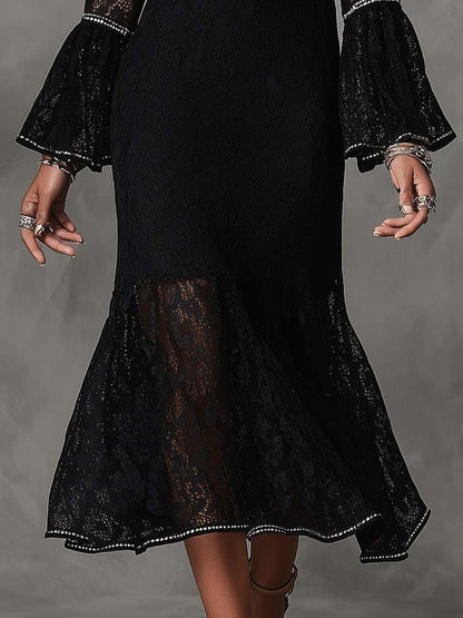 Vintage High Neck Cutout Long Bell Sleeve Silver Rhinestone Piping Black Floral Lace Mermaid Midi Dress