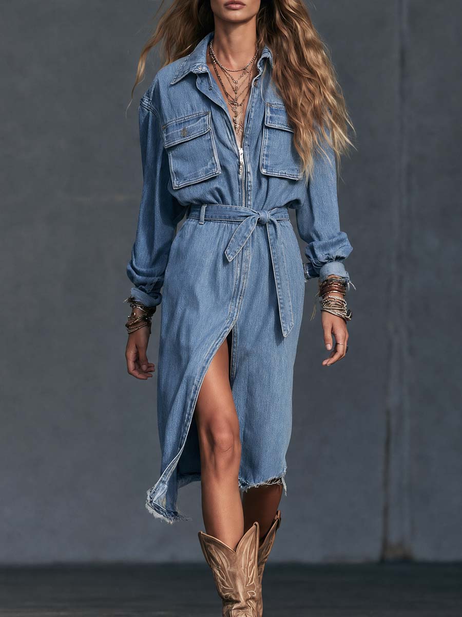 Belted Front Slit Cargo Pocket Denim Shirt Midi Dress